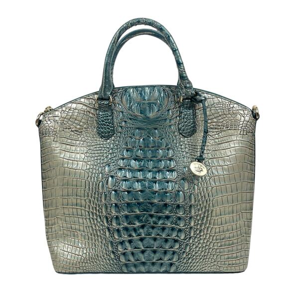Brahmin Large Duxbury Satchel Bag Petrol Ombre Melbourne Green Leather Croc